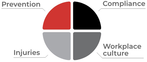 Pie chart - 25% Prevention, 25% Compliance, 25% Injuries, 25% Workplace culture